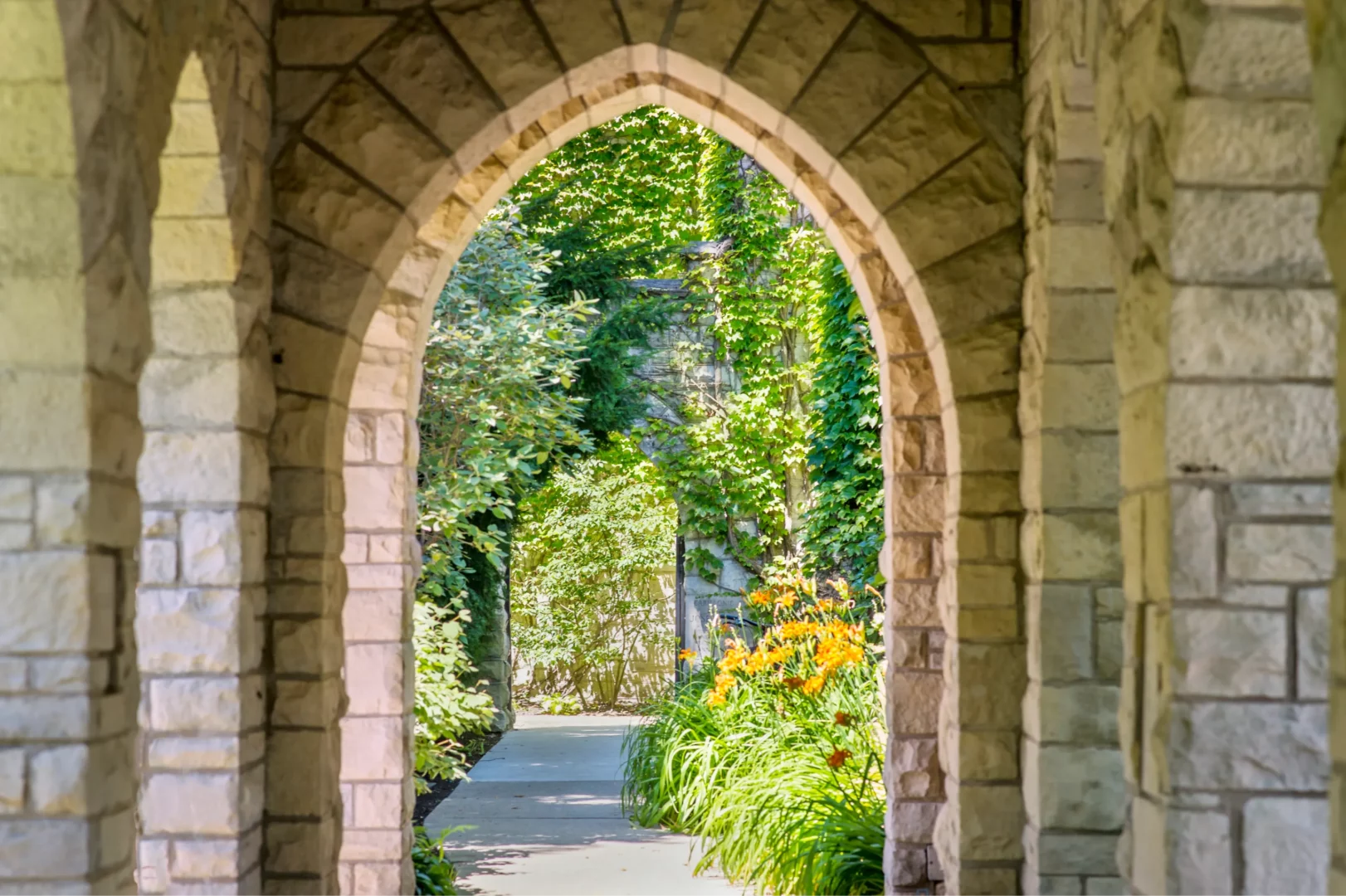 garden seen through church arches